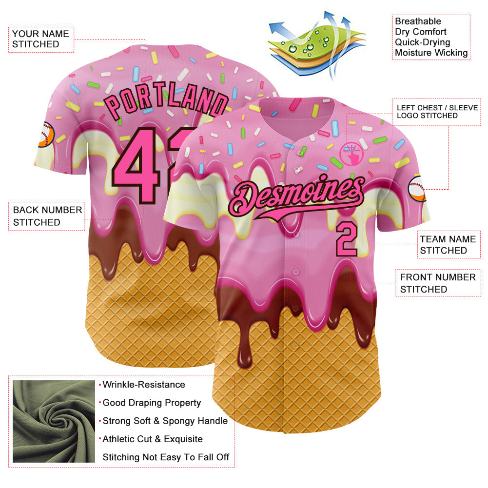 Custom Light Pink Pink Yellow-Brown Foodie Food Dessert Melting Cream Waffle Grid Authentic Baseball Jersey baseball jersey product view 3