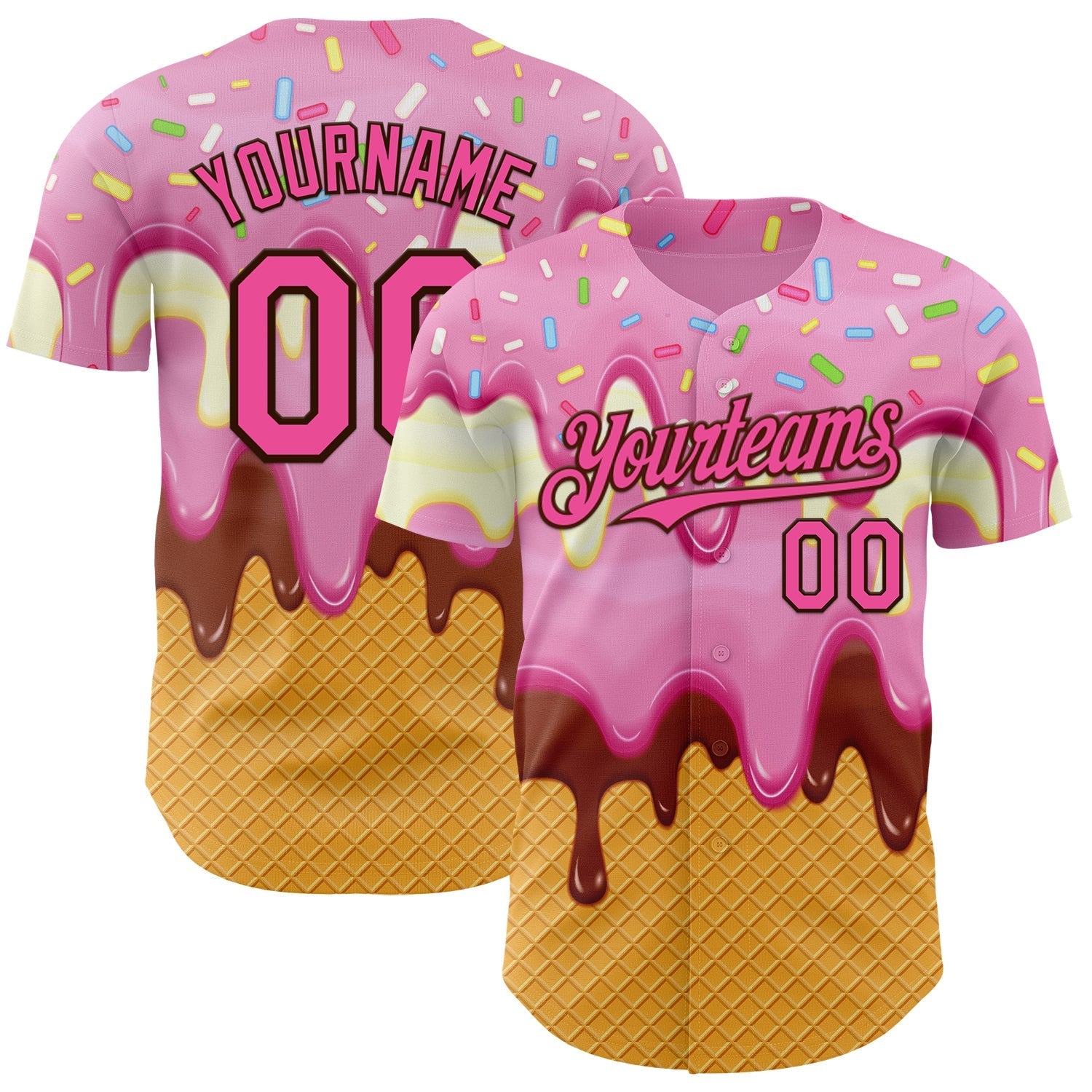 Custom Light Pink Pink Yellow-Brown Foodie Food Dessert Melting Cream Waffle Grid Authentic Baseball Jersey baseball jersey product view 1