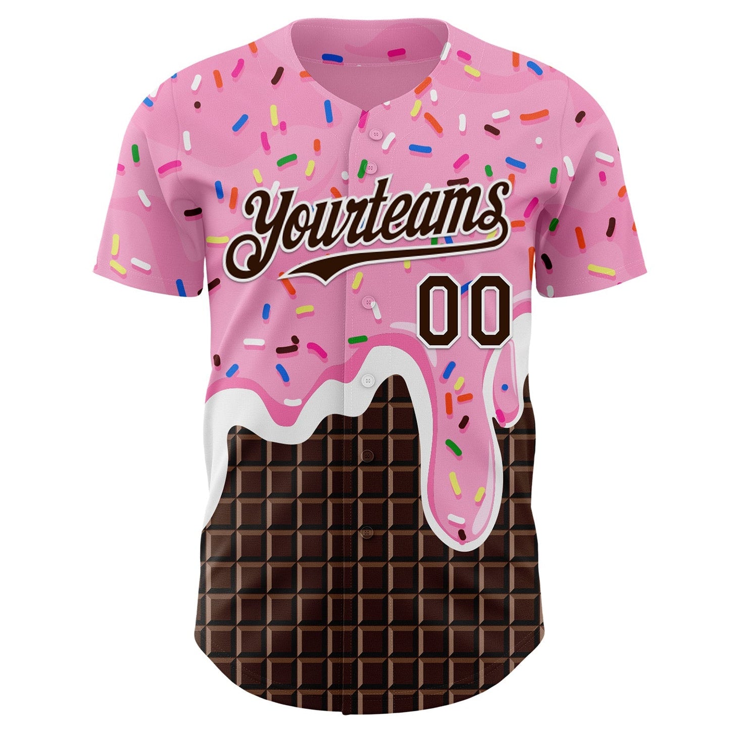 Custom Light Pink Brown-White Foodie Food Dessert Melting Cream Chocolate Grid Authentic Baseball Jersey baseball jersey product view 2