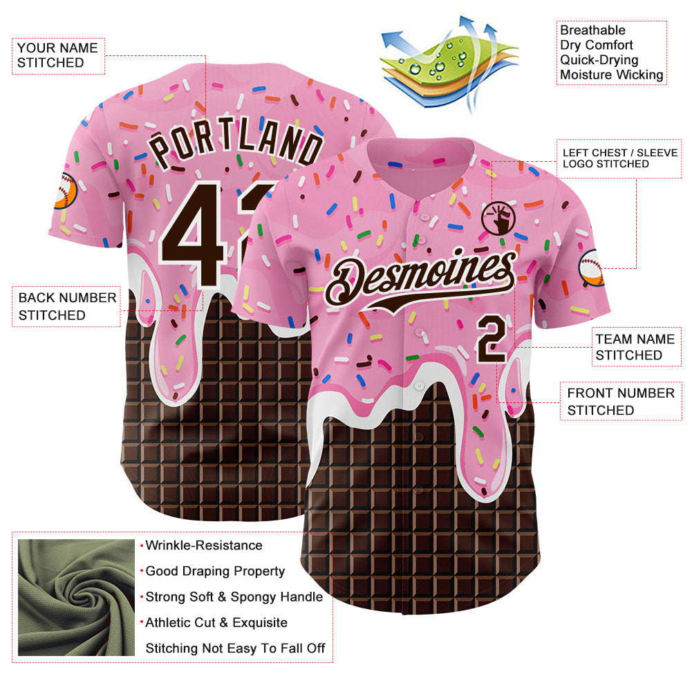 Custom Light Pink Brown-White Foodie Food Dessert Melting Cream Chocolate Grid Authentic Baseball Jersey baseball jersey product view 3