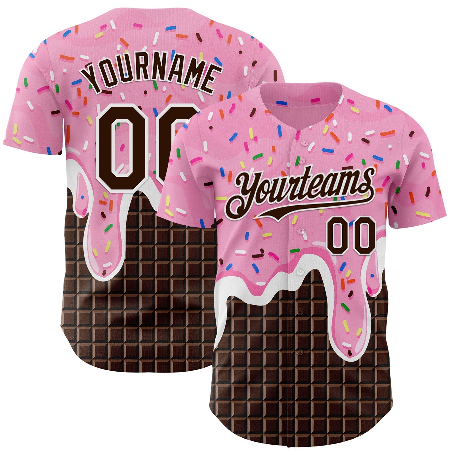 Custom Light Pink Brown-White Foodie Food Dessert Melting Cream Chocolate Grid Authentic Baseball Jersey baseball jersey product view 1