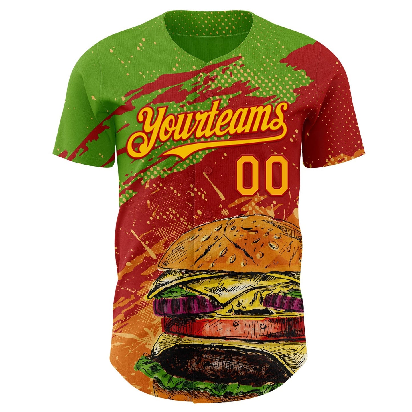 Custom Aurora Green Yellow-Red Foodie Fast Food Burger Authentic Baseball Jersey baseball jersey product view 2