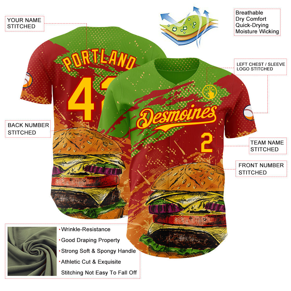 Custom Aurora Green Yellow-Red Foodie Fast Food Burger Authentic Baseball Jersey baseball jersey product view 3