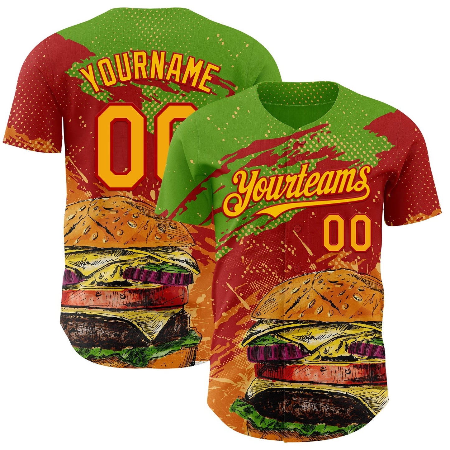Custom Aurora Green Yellow-Red Foodie Fast Food Burger Authentic Baseball Jersey baseball jersey product view 1