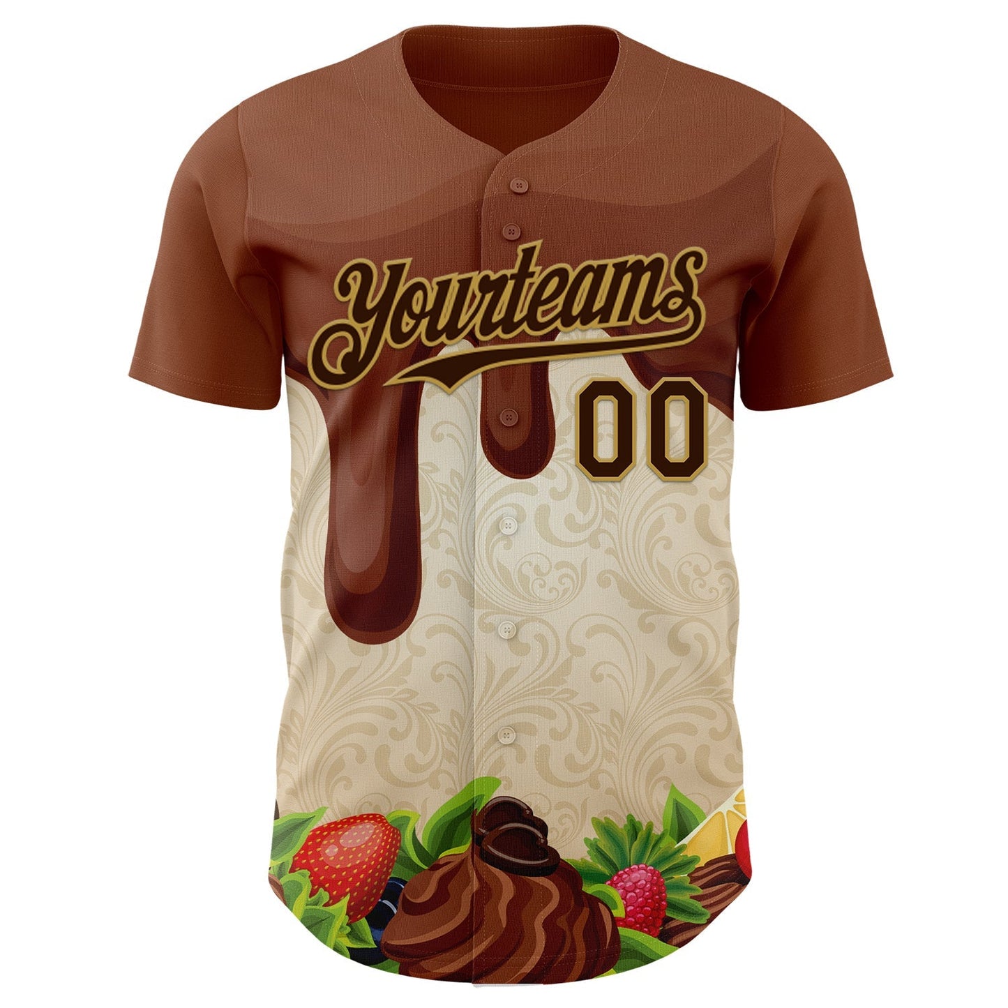 Custom Brown Cream-Old Gold Foodie Food Dessert Chocolate Fruit Authentic Baseball Jersey baseball jersey product view 2