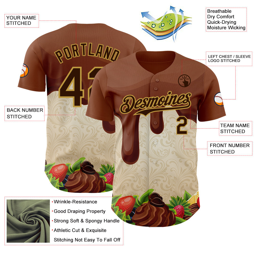 Custom Brown Cream-Old Gold Foodie Food Dessert Chocolate Fruit Authentic Baseball Jersey baseball jersey product view 3
