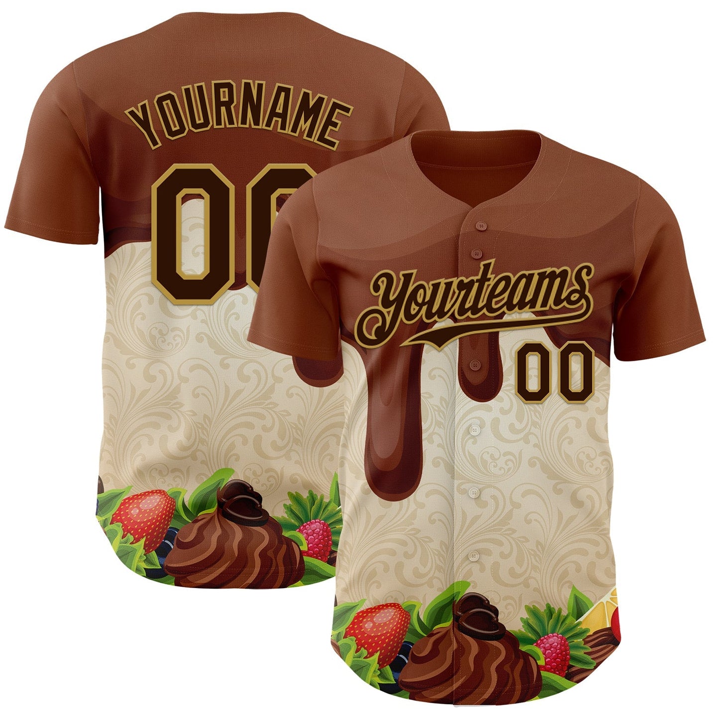 Custom Brown Cream-Old Gold Foodie Food Dessert Chocolate Fruit Authentic Baseball Jersey baseball jersey product view 1