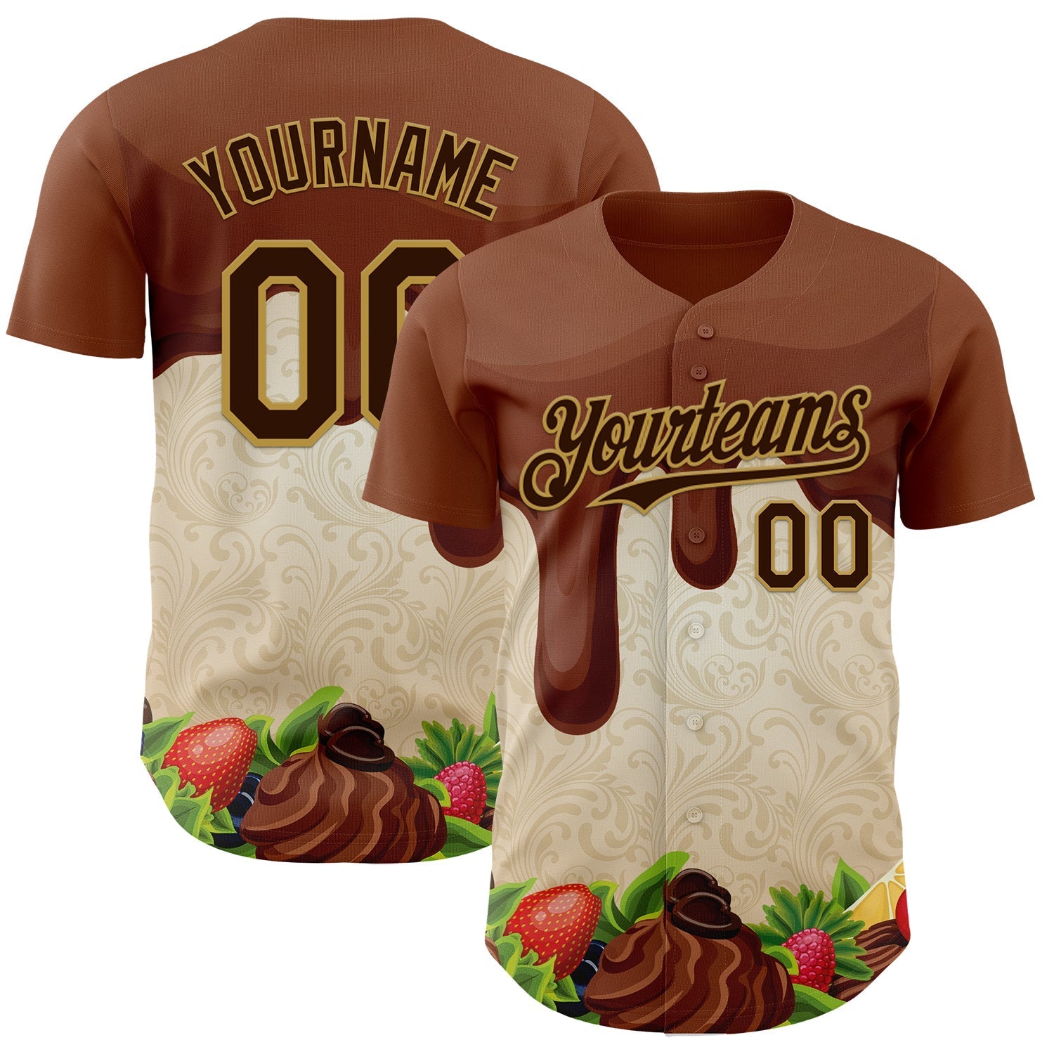 Custom Brown Cream-Old Gold Foodie Food Dessert Chocolate Fruit Authentic Baseball Jersey baseball jersey product view 1