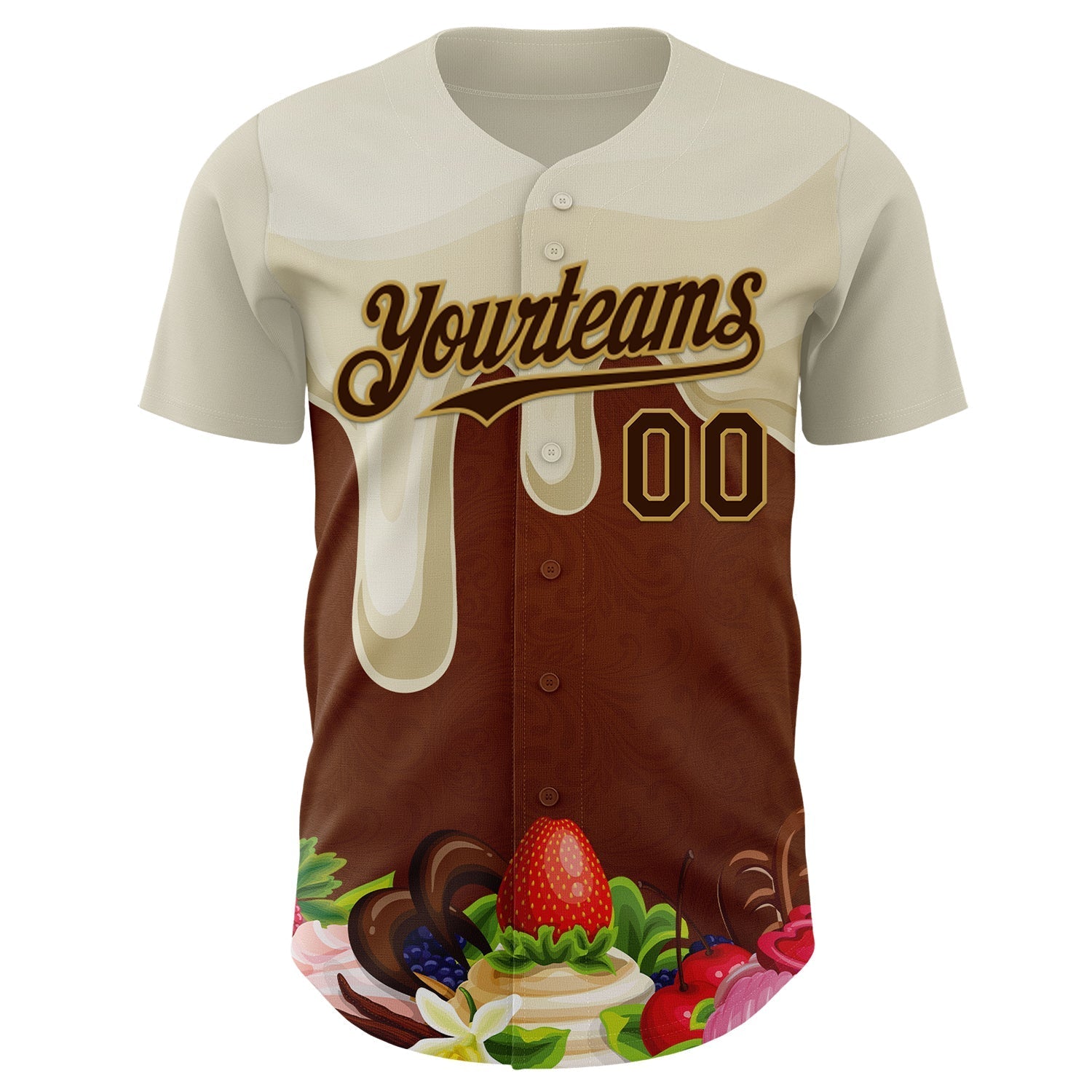 Custom Cream Brown-Old Gold Foodie Food Dessert Chocolate Fruit Authentic Baseball Jersey baseball jersey product view 2