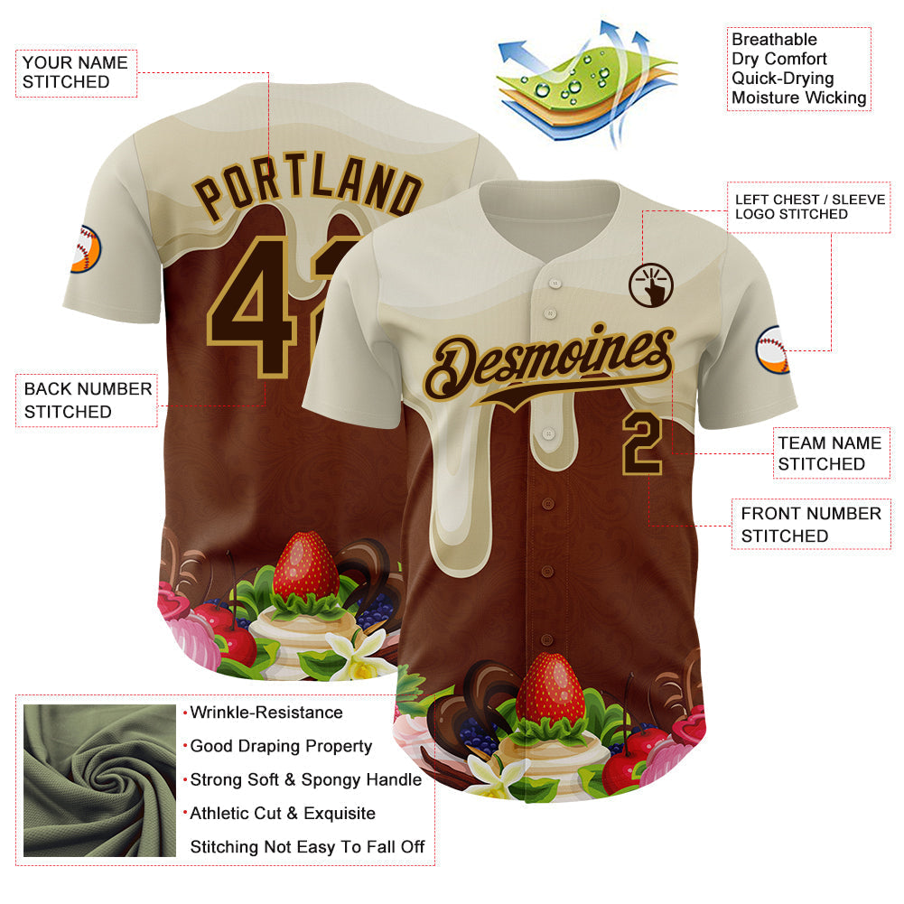 Custom Cream Brown-Old Gold Foodie Food Dessert Chocolate Fruit Authentic Baseball Jersey baseball jersey product view 3