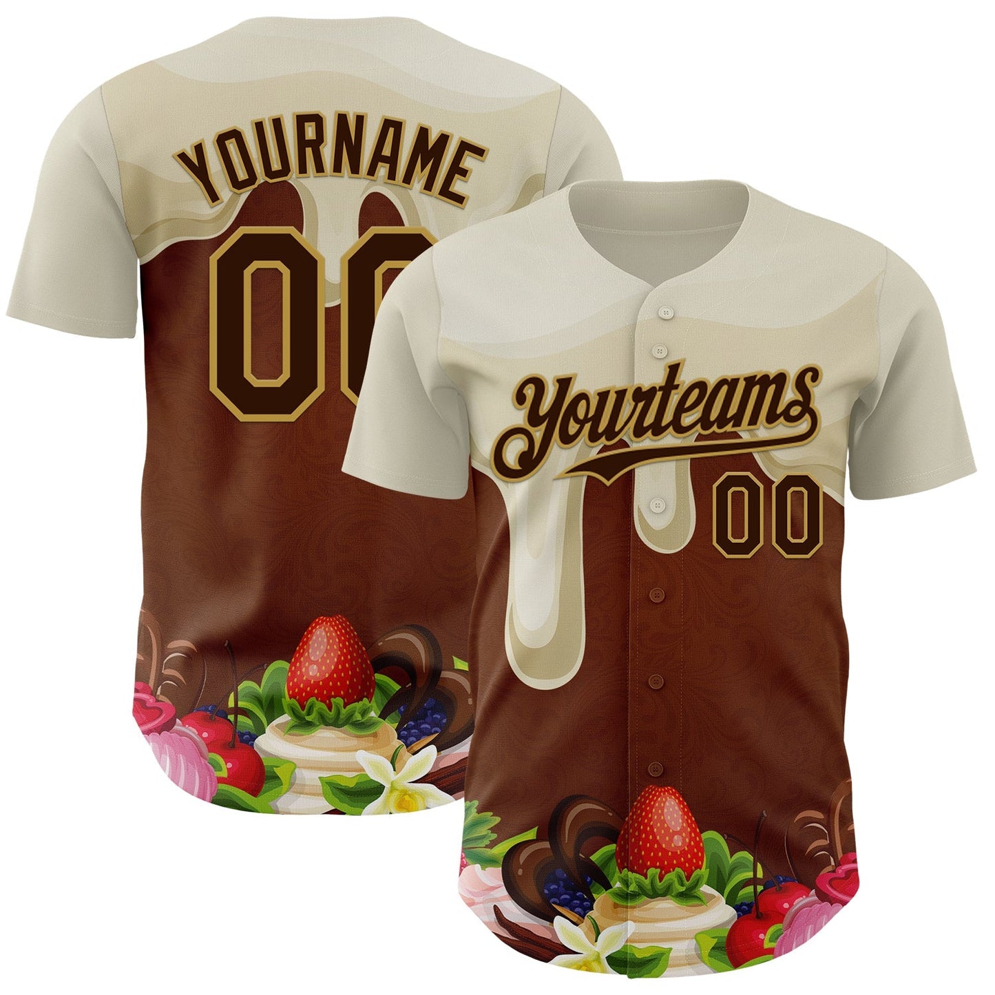 Custom Cream Brown-Old Gold Foodie Food Dessert Chocolate Fruit Authentic Baseball Jersey baseball jersey product view 1