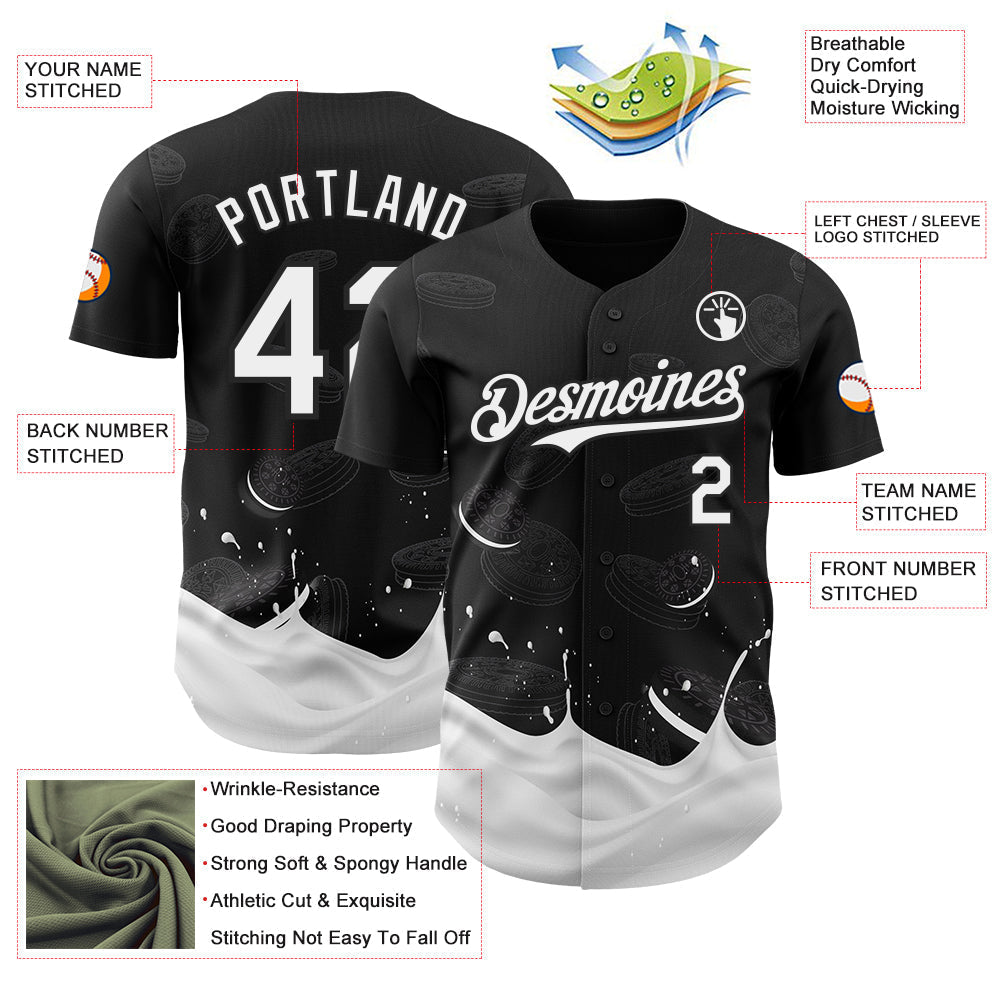 Custom Black-White Foodie Food Cookies And Milk Authentic Baseball Jersey baseball jersey product view 3