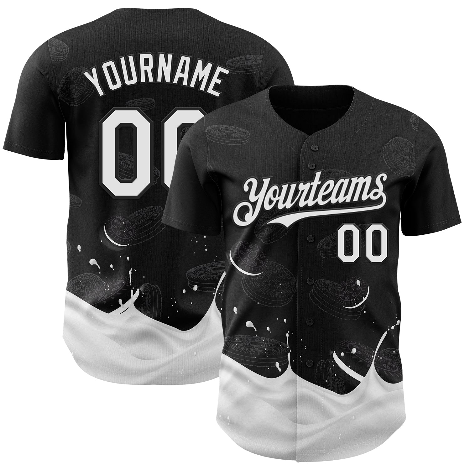 Custom Black-White Foodie Food Cookies And Milk Authentic Baseball Jersey baseball jersey product view 1