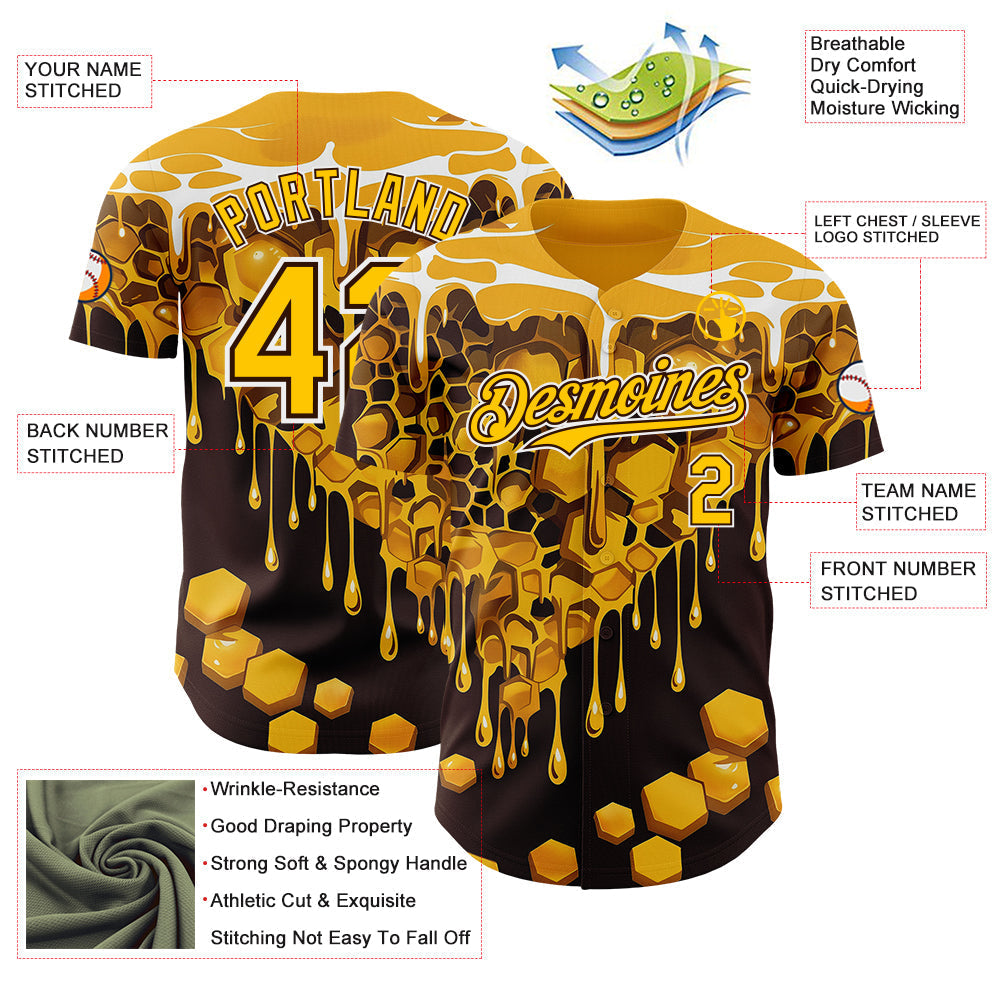 Custom Yellow Black Brown-White Foodie Food Honey Bee Authentic Baseball Jersey baseball jersey product view 3