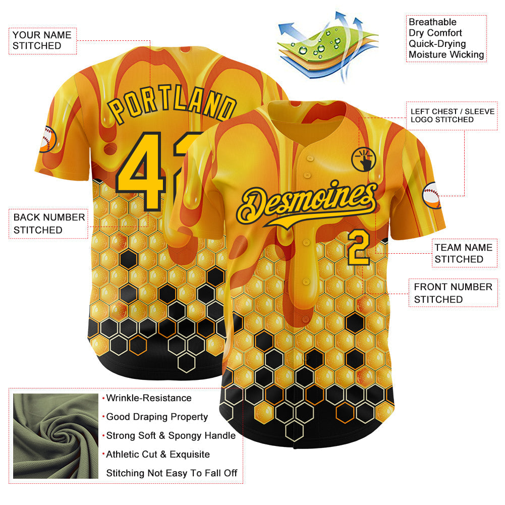 Custom Yellow-Black Foodie Food Honey Bee Authentic Baseball Jersey baseball jersey product view 3