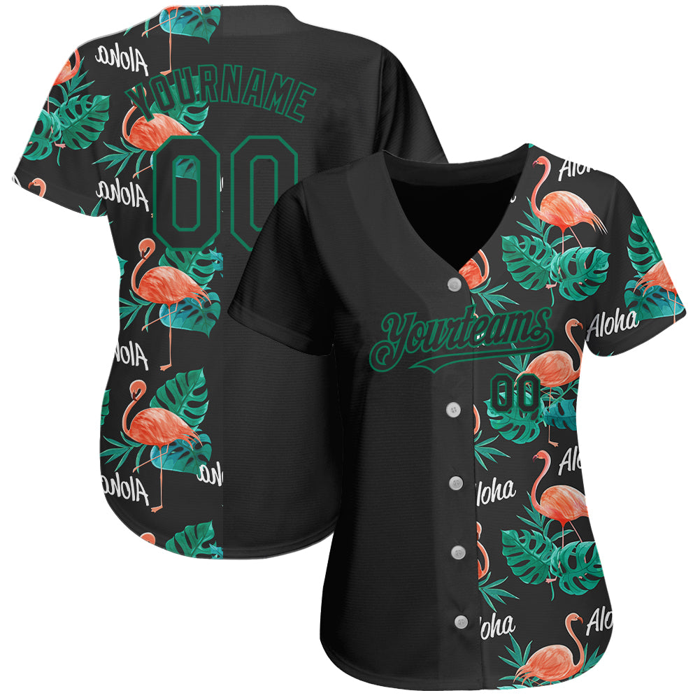 Custom Black Kelly Green 3D Pattern Design Hawaii Flamingos And Leaves Authentic Baseball Jersey baseball jersey product view 2