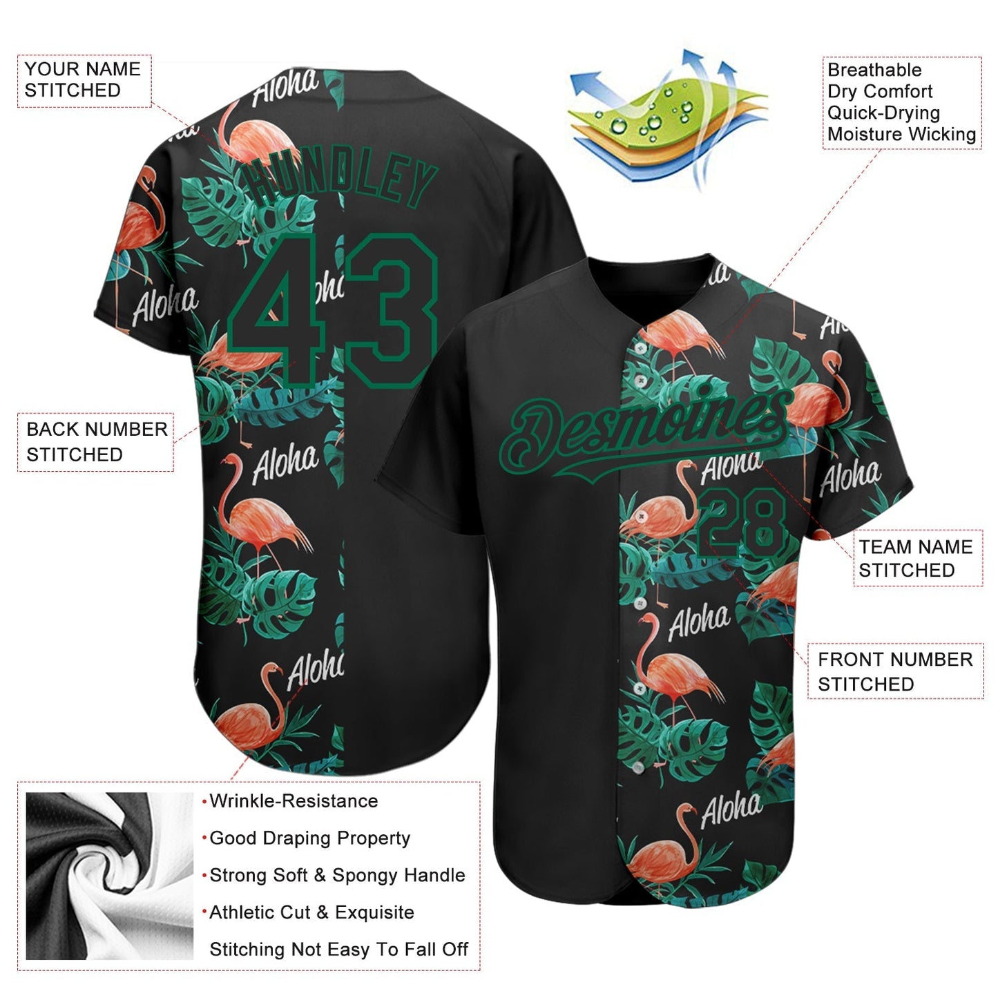 Custom Black Kelly Green 3D Pattern Design Hawaii Flamingos And Leaves Authentic Baseball Jersey baseball jersey product view 3
