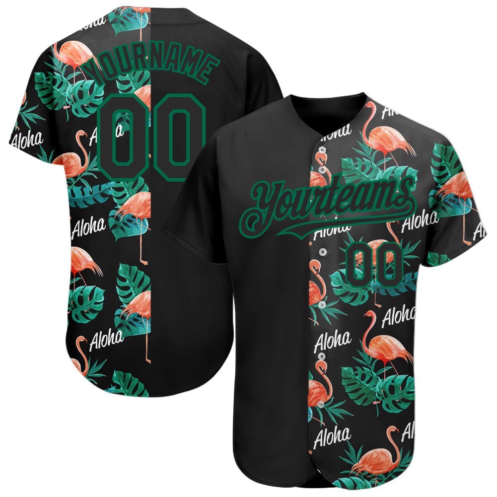 Custom Black Kelly Green 3D Pattern Design Hawaii Flamingos And Leaves Authentic Baseball Jersey baseball jersey product view 1