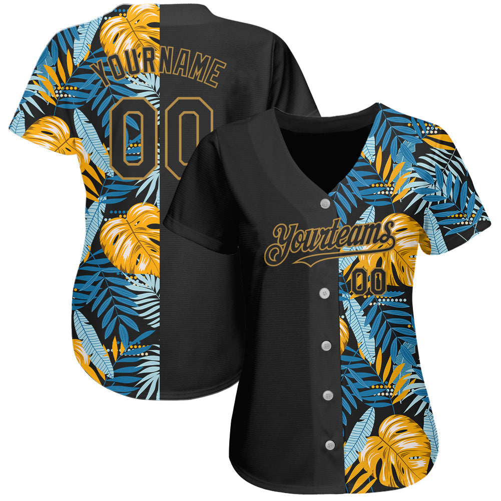Custom Black Old Gold 3D Pattern Design Hawaii Tropical Leaves Authentic Baseball Jersey baseball jersey product view 2