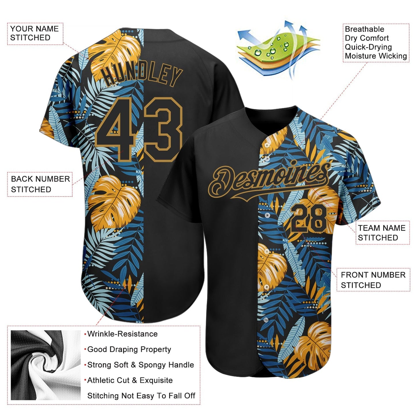 Custom Black Old Gold 3D Pattern Design Hawaii Tropical Leaves Authentic Baseball Jersey baseball jersey product view 3