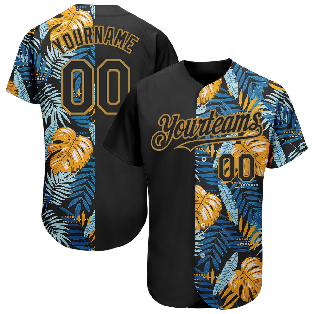 Custom Black Old Gold 3D Pattern Design Hawaii Tropical Leaves Authentic Baseball Jersey baseball jersey product view 1