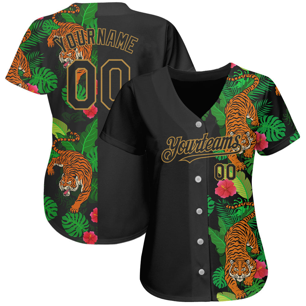 Custom Black Old Gold 3D Pattern Design Hawaii Tropical Tiger Authentic Baseball Jersey baseball jersey product view 2