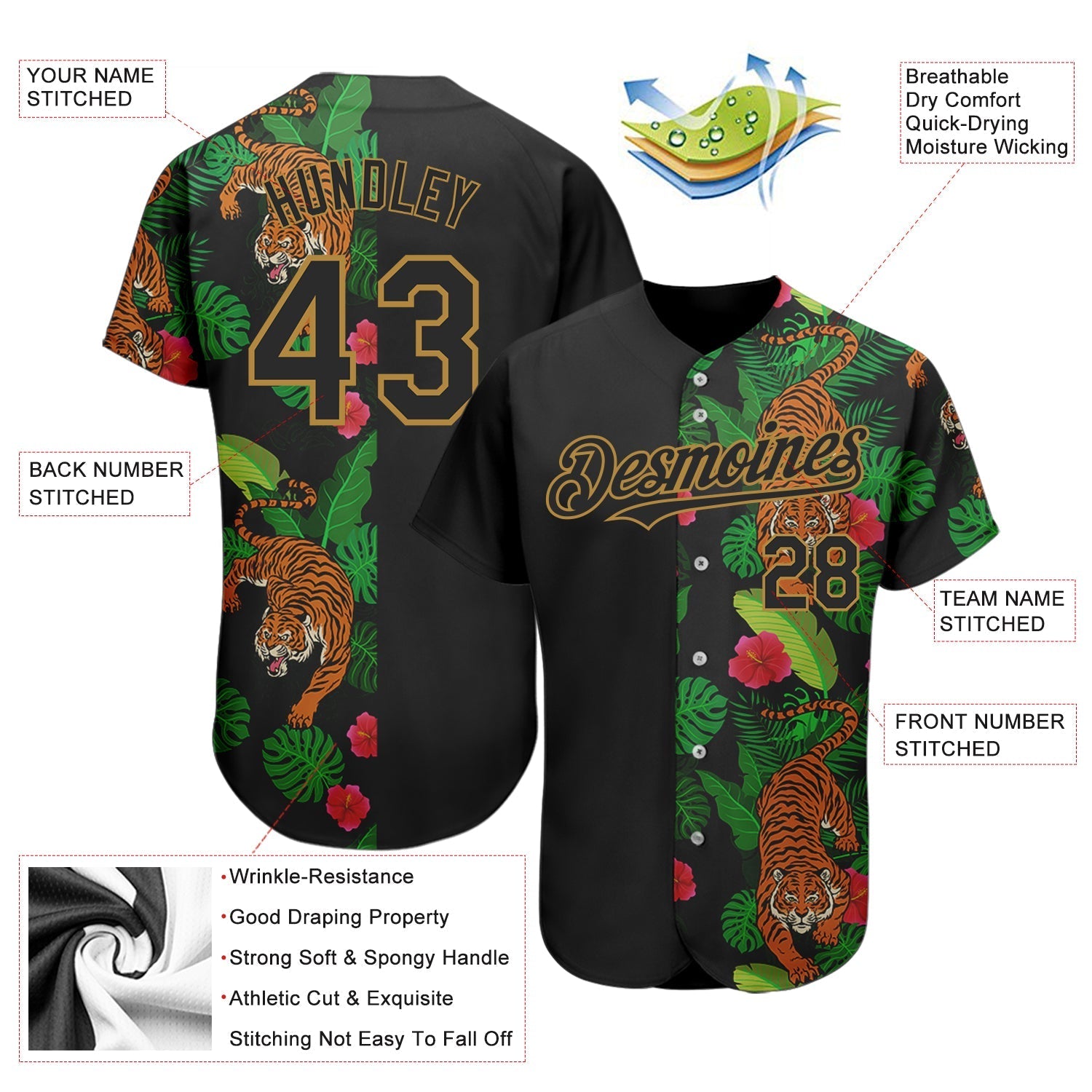 Custom Black Old Gold 3D Pattern Design Hawaii Tropical Tiger Authentic Baseball Jersey baseball jersey product view 3