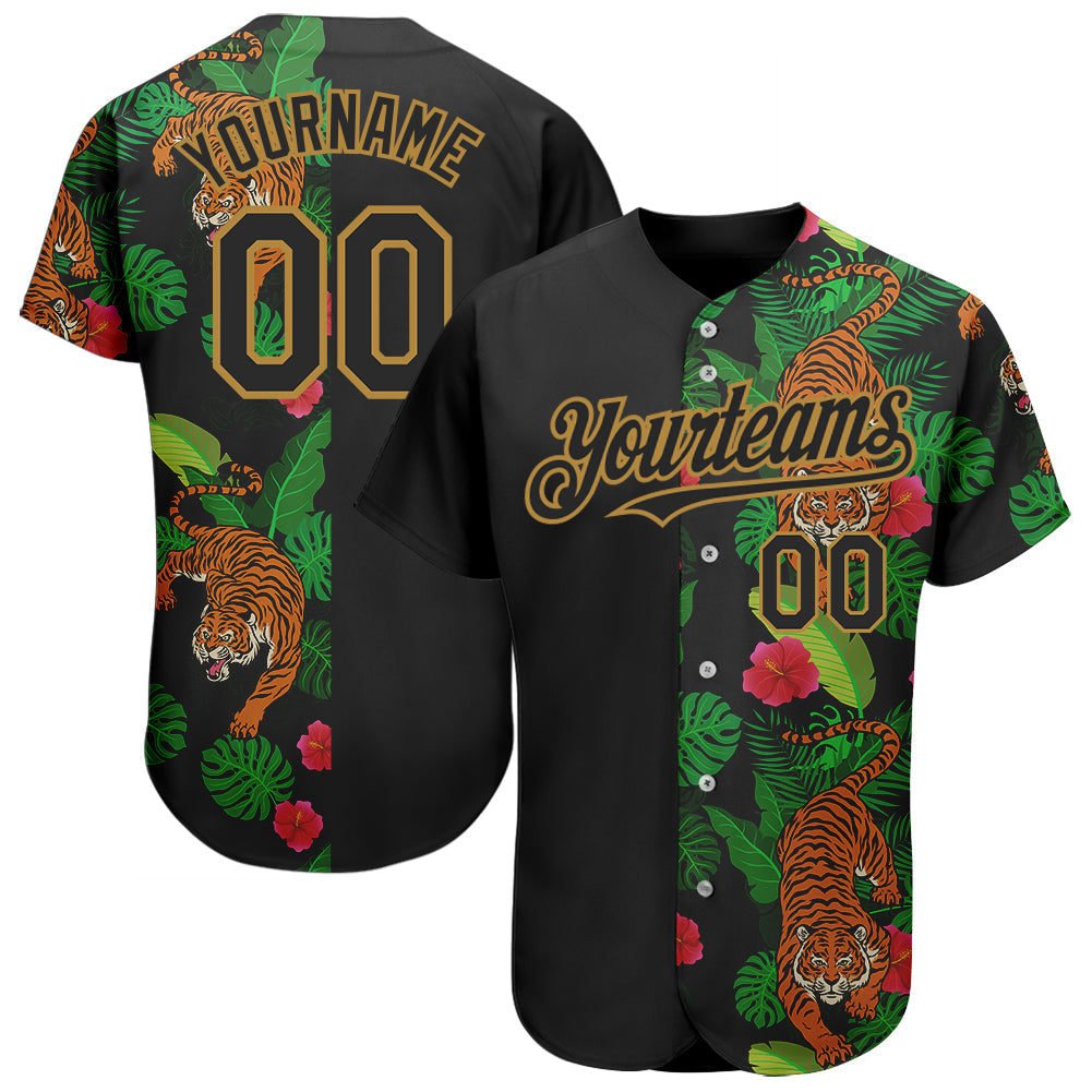 Custom Black Old Gold 3D Pattern Design Hawaii Tropical Tiger Authentic Baseball Jersey baseball jersey product view 1