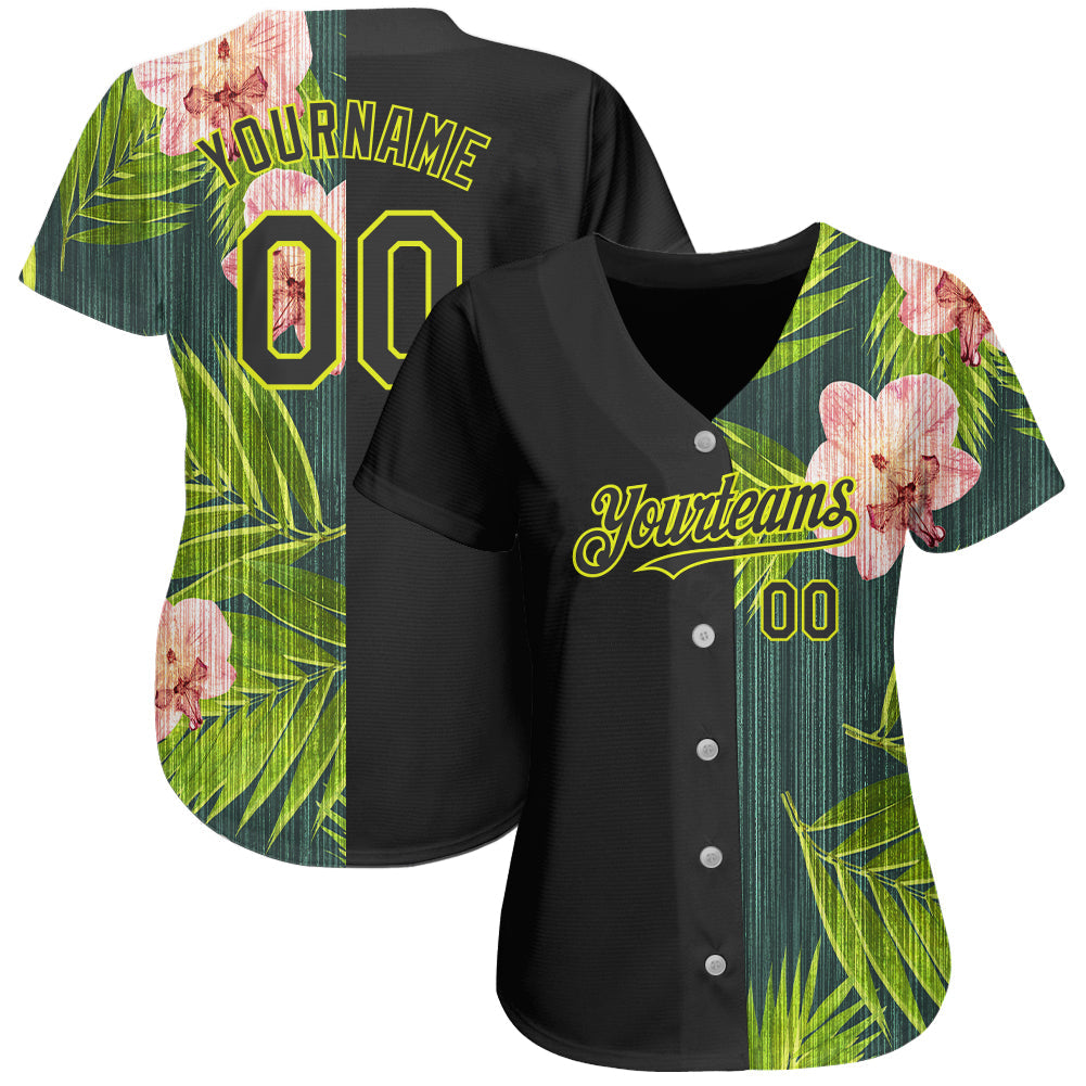 Custom Black Neon Yellow 3D Pattern Design Hawaii Tropical Palm Leaves With Orchids Authentic Baseball Jersey baseball jersey product view 2