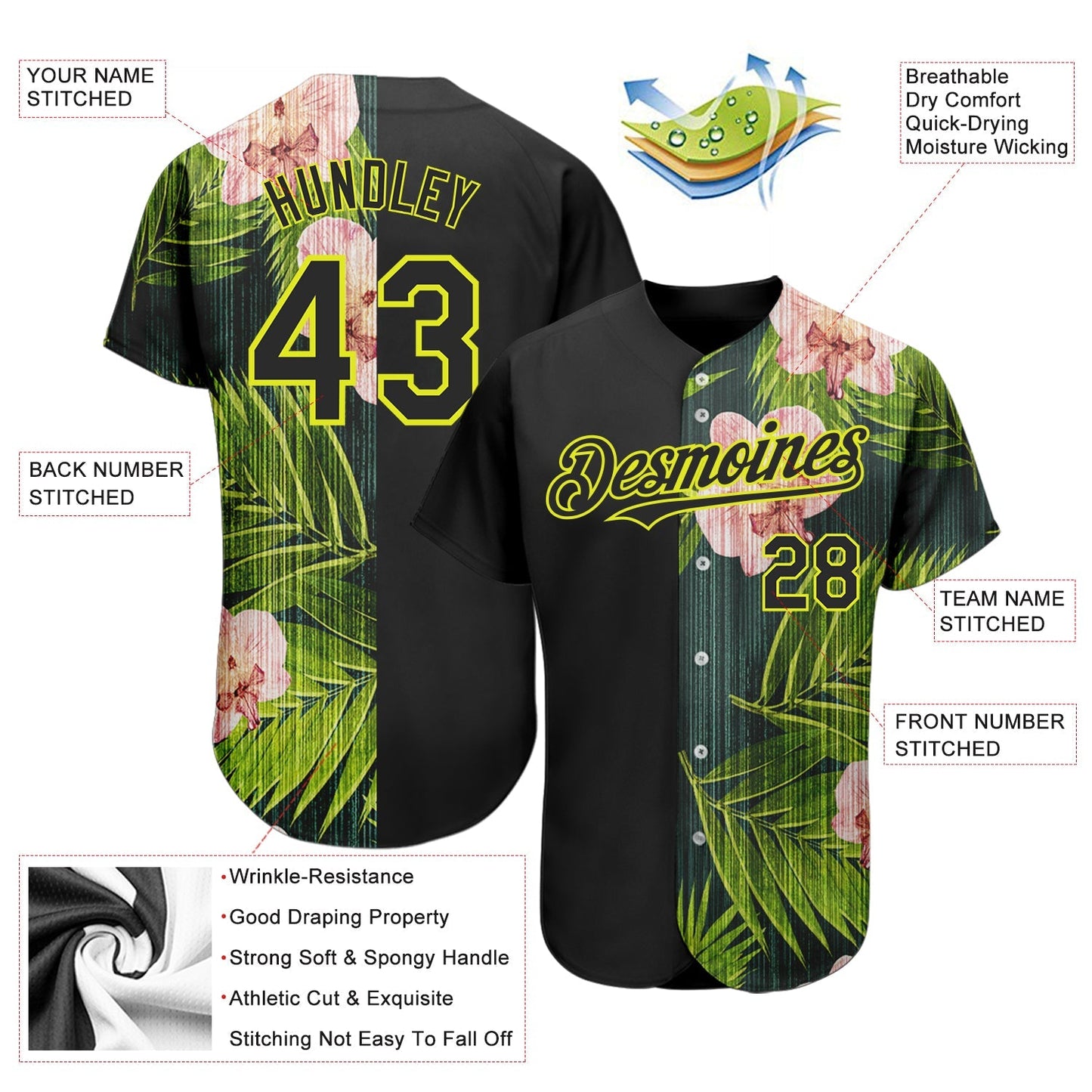 Custom Black Neon Yellow 3D Pattern Design Hawaii Tropical Palm Leaves With Orchids Authentic Baseball Jersey baseball jersey product view 3