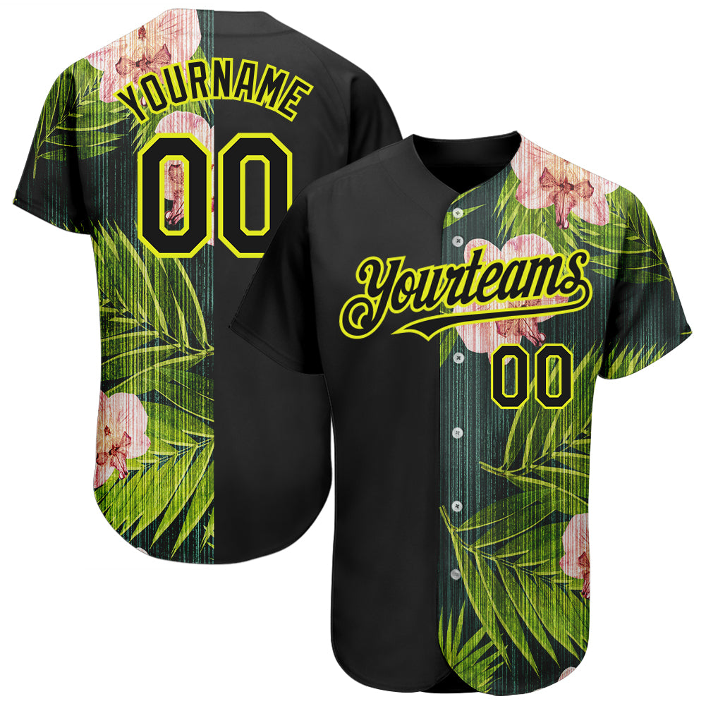 Custom Black Neon Yellow 3D Pattern Design Hawaii Tropical Palm Leaves With Orchids Authentic Baseball Jersey baseball jersey product view 1