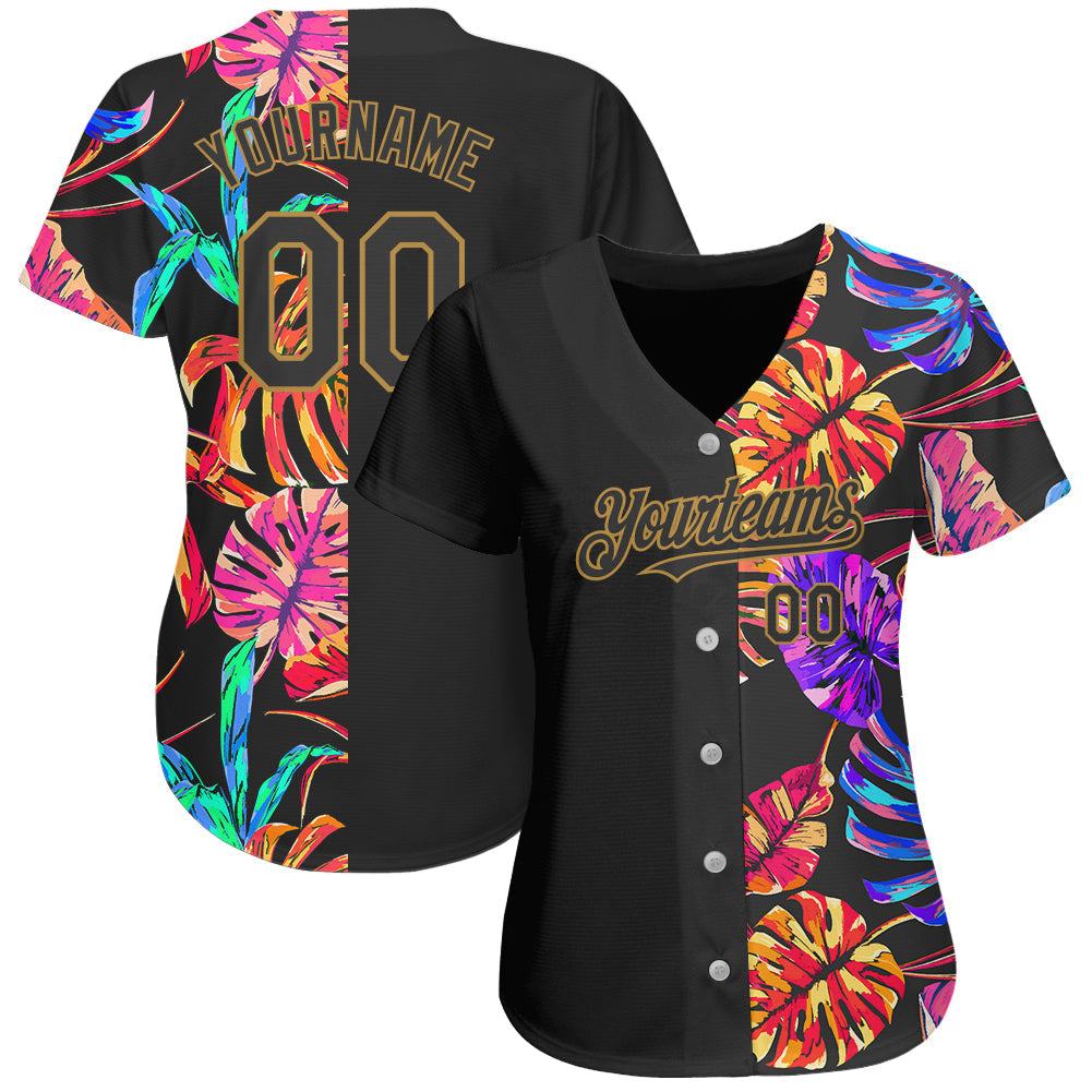 Custom Black Old Gold 3D Pattern Design Hawaii Tropical Palm Leaves Authentic Baseball Jersey baseball jersey product view 2