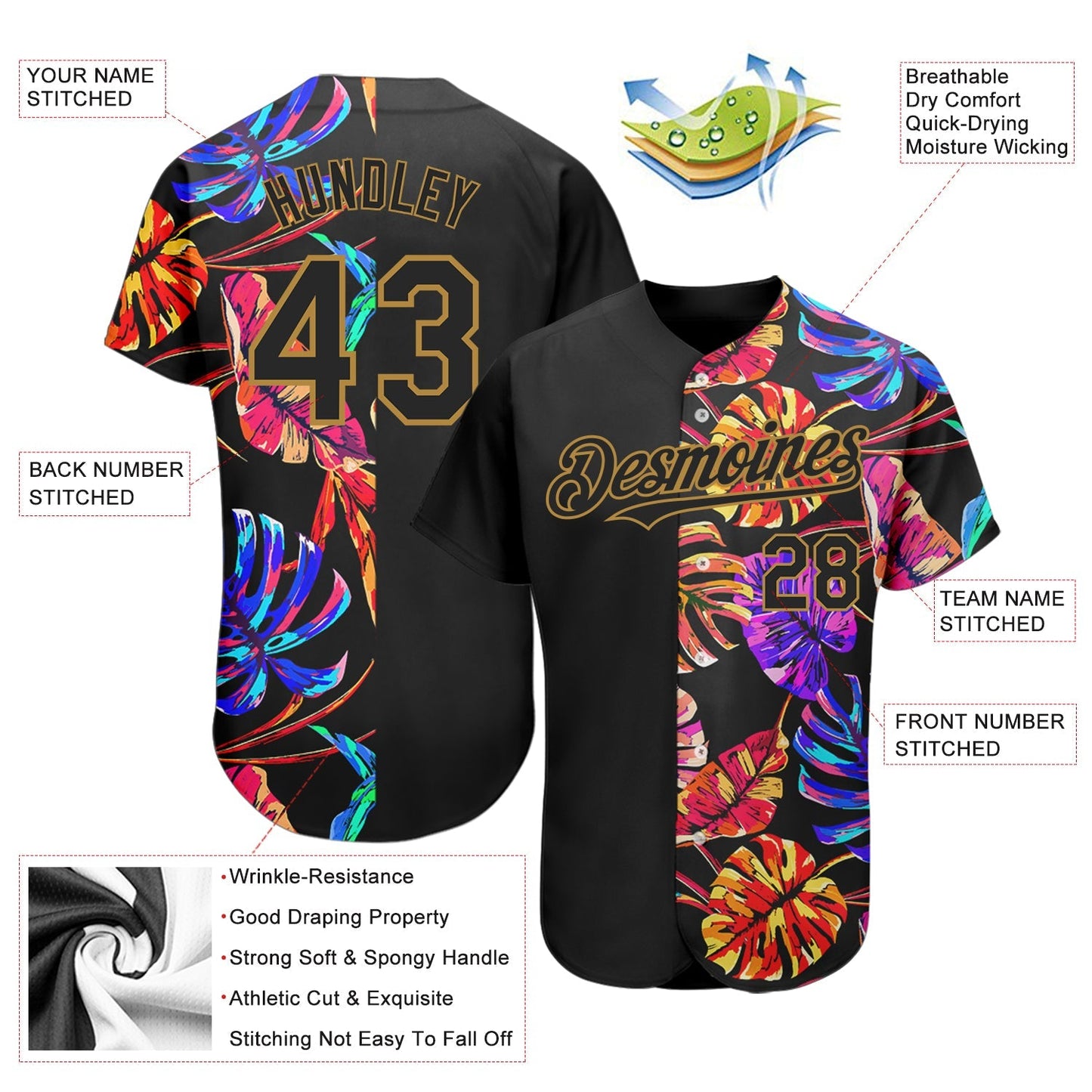 Custom Black Old Gold 3D Pattern Design Hawaii Tropical Palm Leaves Authentic Baseball Jersey baseball jersey product view 3