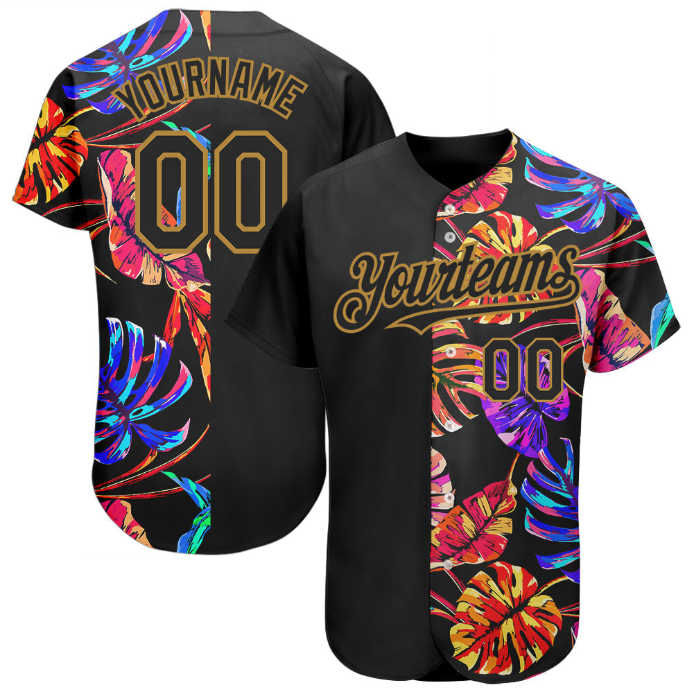 Custom Black Old Gold 3D Pattern Design Hawaii Tropical Palm Leaves Authentic Baseball Jersey baseball jersey product view 1