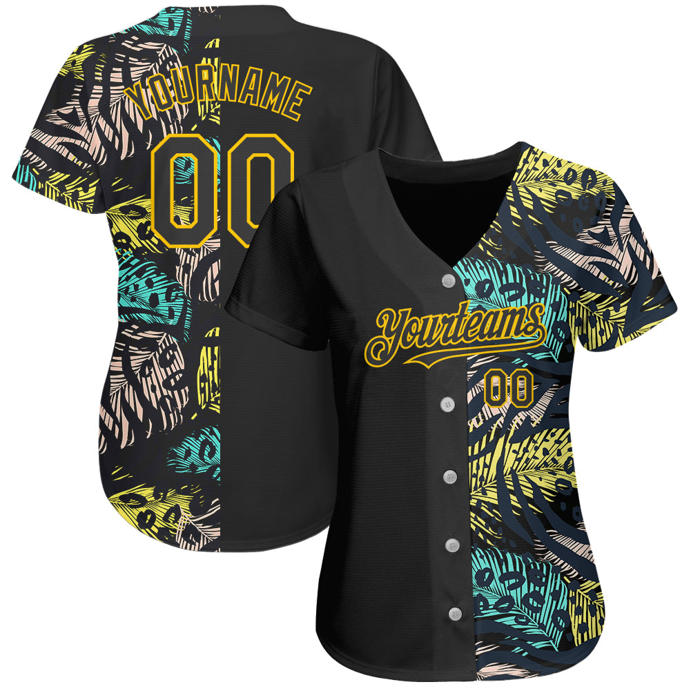 Custom Black Yellow 3D Pattern Design Hawaii Tropical Palm Leaves With Animal Print Authentic Baseball Jersey baseball jersey product view 2