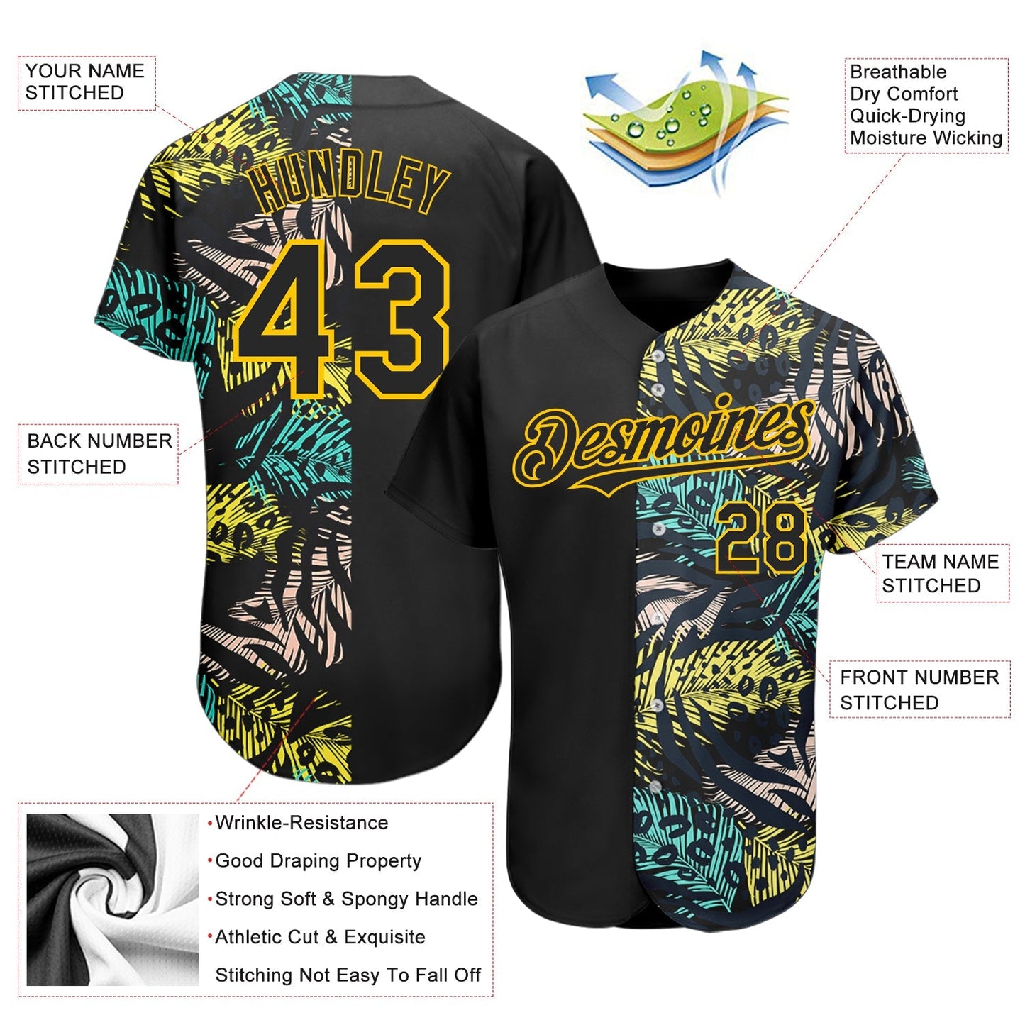 Custom Black Yellow 3D Pattern Design Hawaii Tropical Palm Leaves With Animal Print Authentic Baseball Jersey baseball jersey product view 3