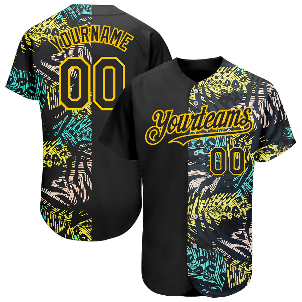 Custom Black Yellow 3D Pattern Design Hawaii Tropical Palm Leaves With Animal Print Authentic Baseball Jersey baseball jersey product view 1