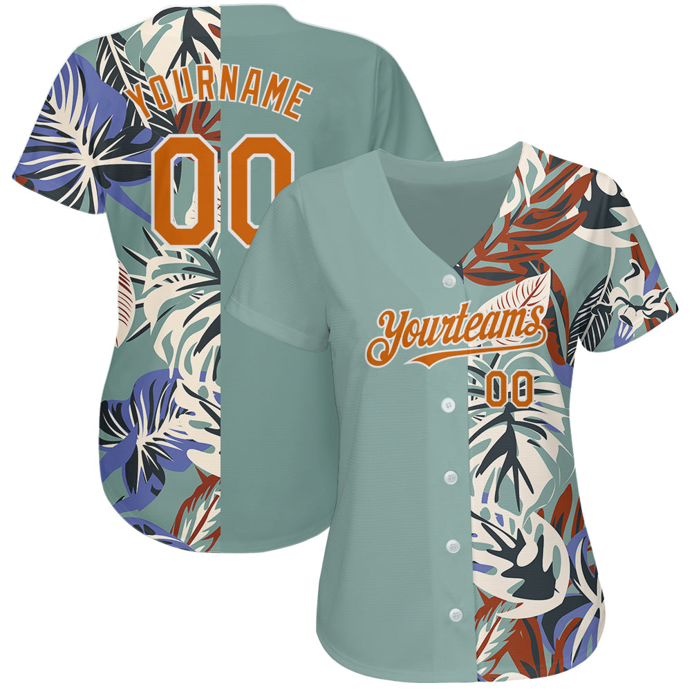 Custom Teal Texas Orange-White 3D Pattern Design Hawaii Tropical Palm Leaves Authentic Baseball Jersey baseball jersey product view 2