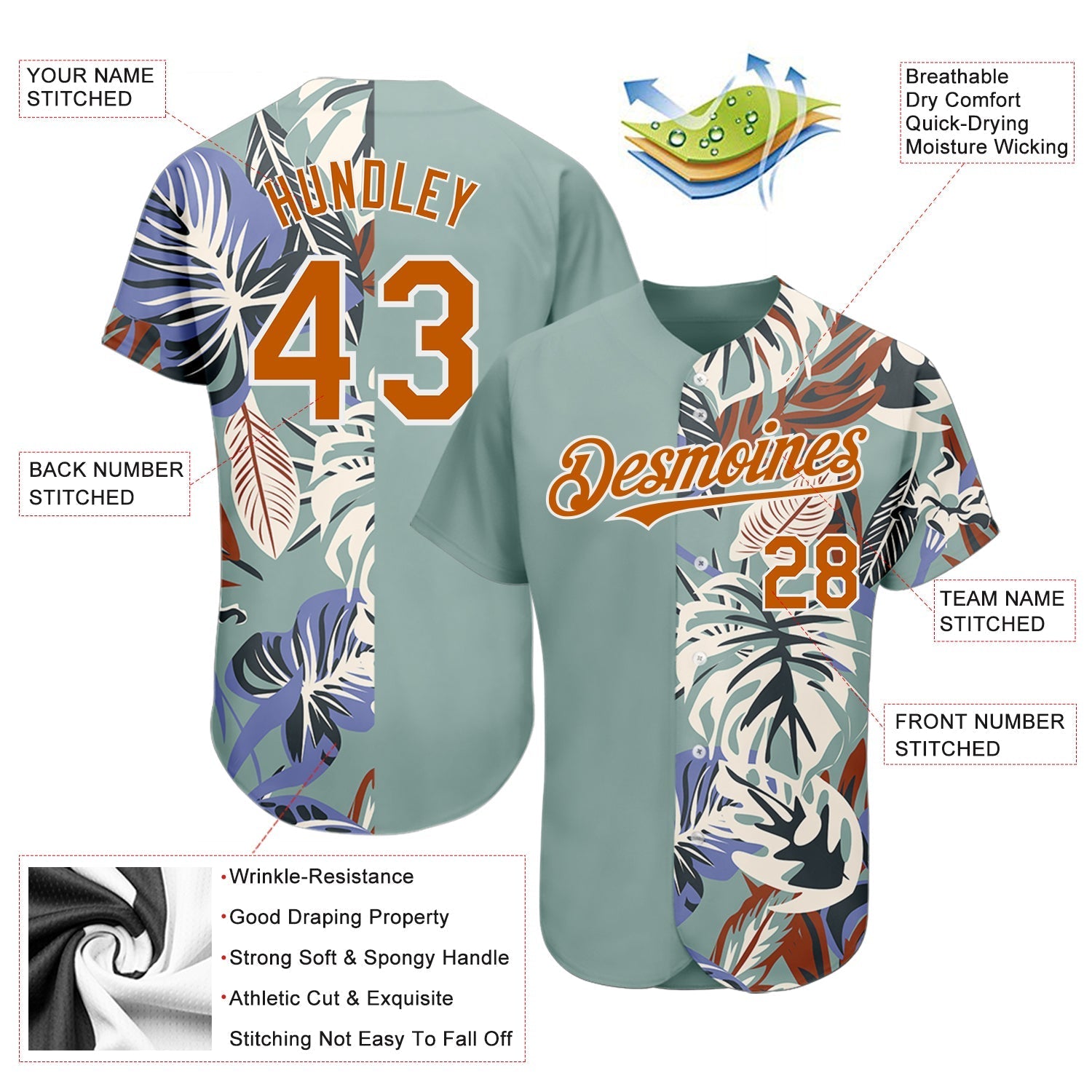 Custom Teal Texas Orange-White 3D Pattern Design Hawaii Tropical Palm Leaves Authentic Baseball Jersey baseball jersey product view 3