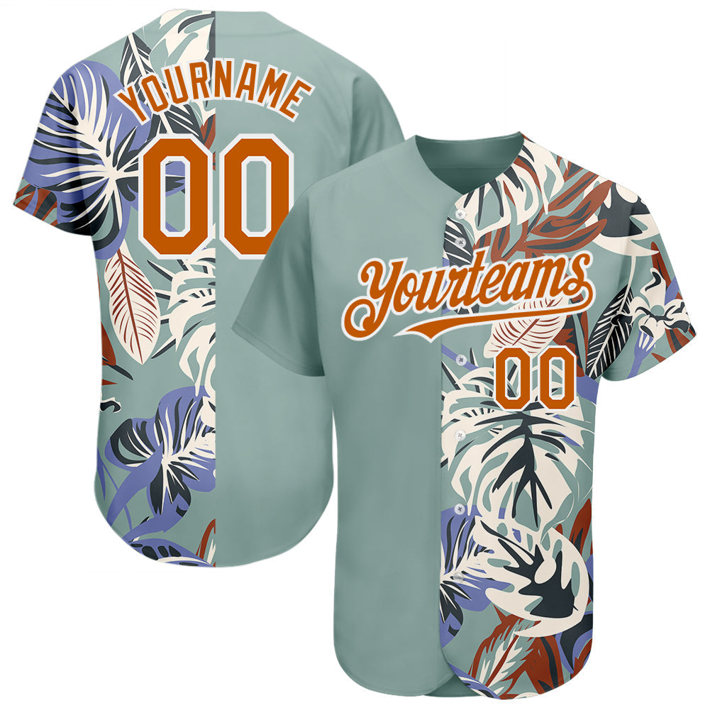 Custom Teal Texas Orange-White 3D Pattern Design Hawaii Tropical Palm Leaves Authentic Baseball Jersey baseball jersey product view 1