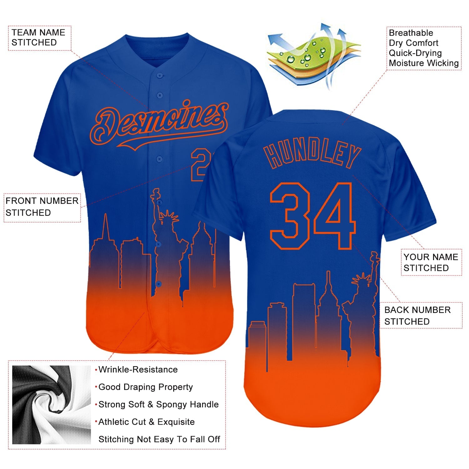 Custom Royal Orange 3D New York City Edition Fade Fashion Authentic Baseball Jersey baseball jersey product view 3