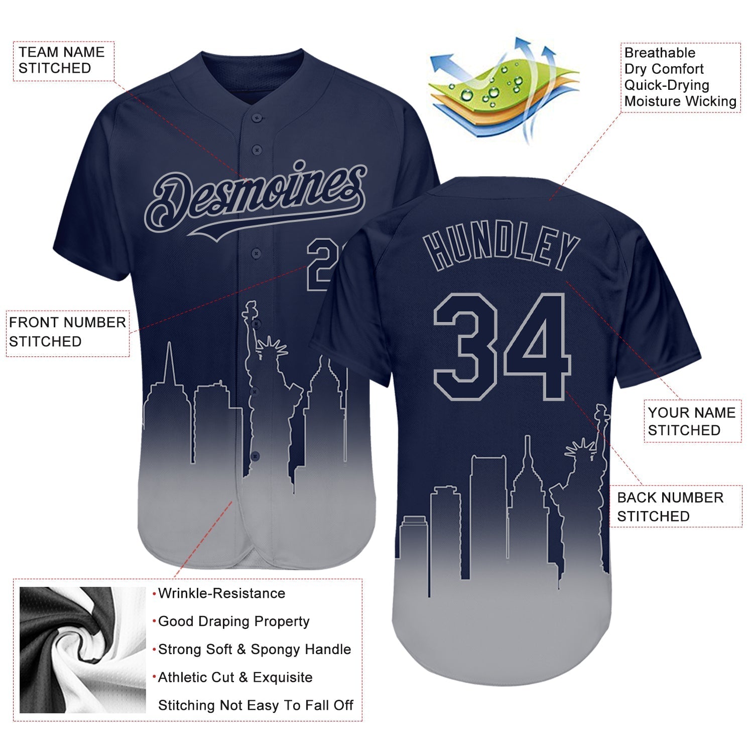 Custom Navy Gray 3D New York City Edition Fade Fashion Authentic Baseball Jersey baseball jersey product view 3