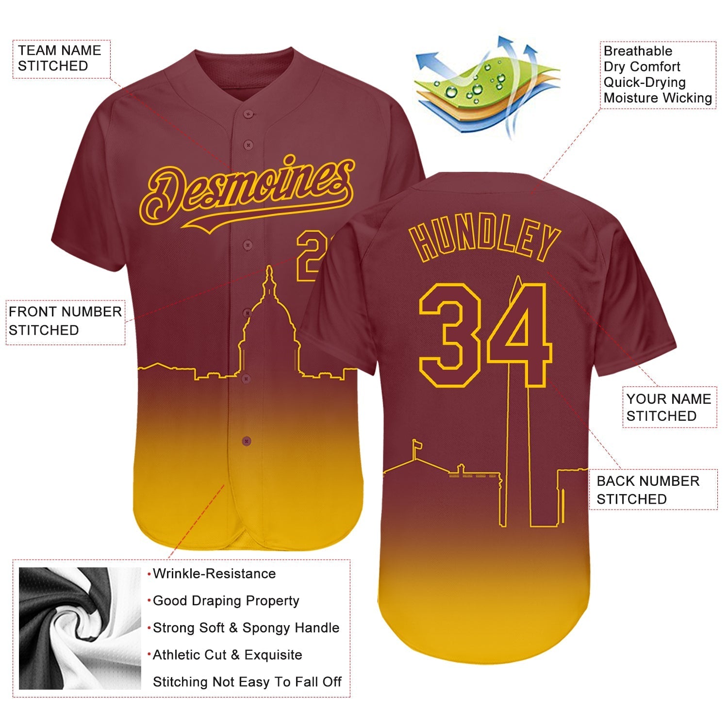 Custom Burgundy Yellow 3D Washington City Edition Fade Fashion Authentic Baseball Jersey baseball jersey product view 3