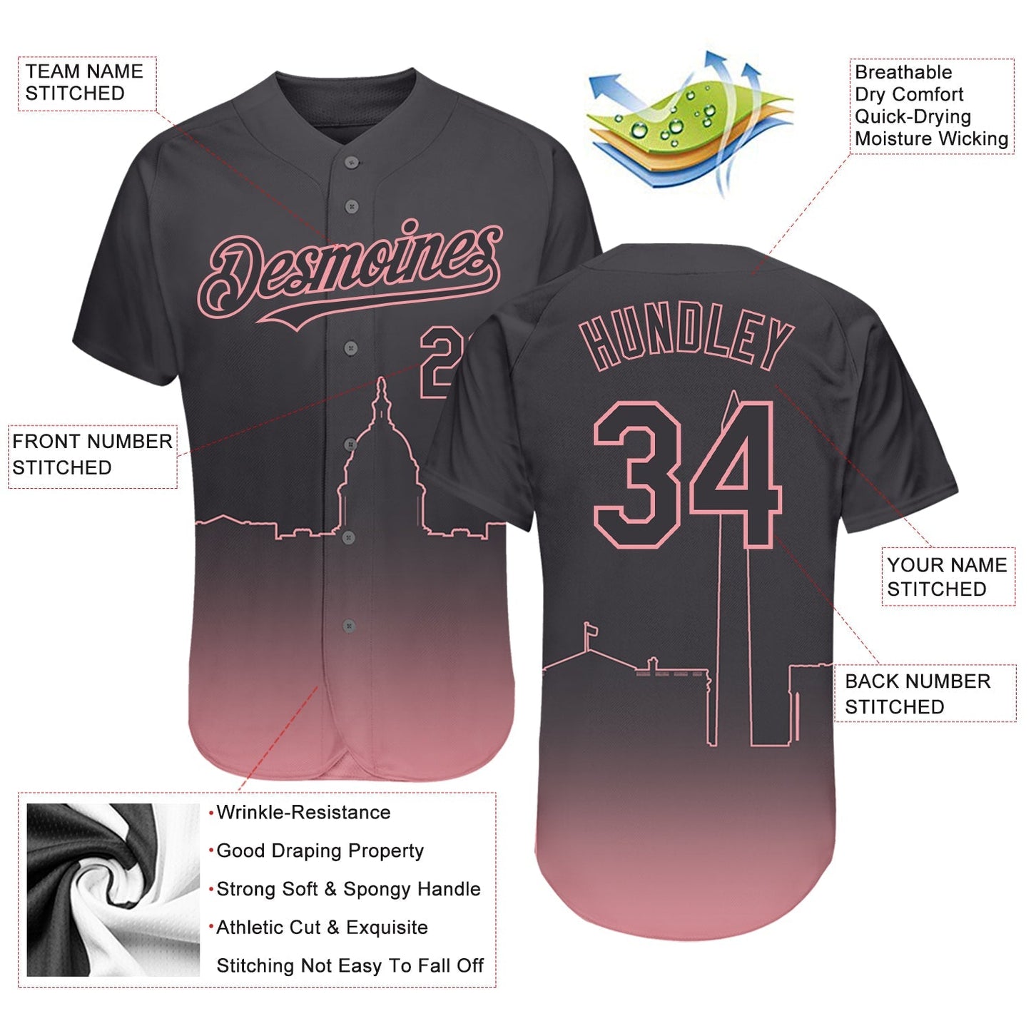Custom Steel Gray Medium Pink 3D Washington City Edition Fade Fashion Authentic Baseball Jersey baseball jersey product view 3