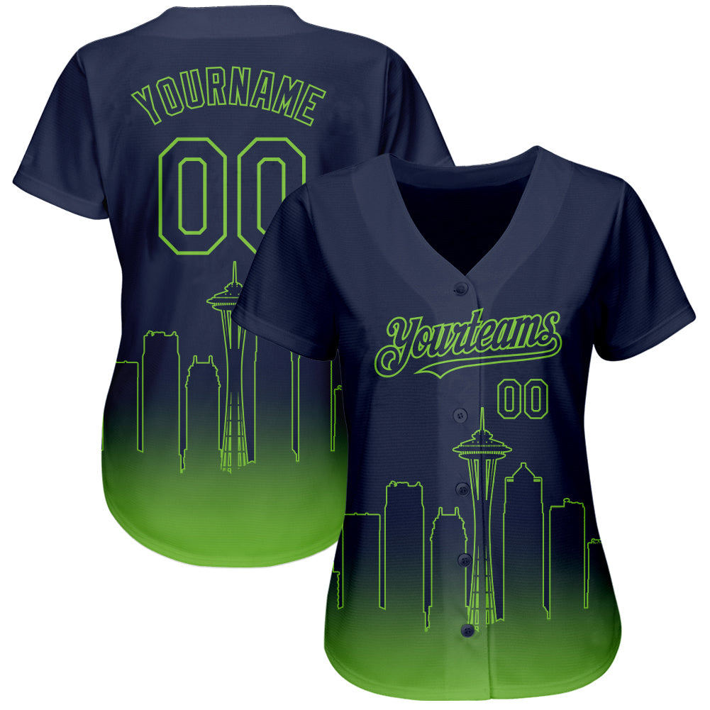 Custom Navy Neon Green 3D Seattle City Edition Fade Fashion Authentic Baseball Jersey baseball jersey product view 2