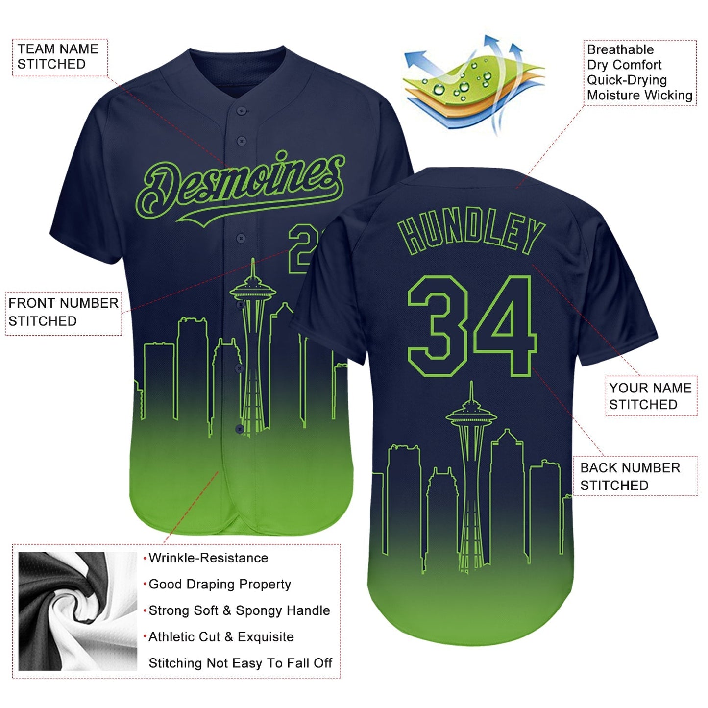Custom Navy Neon Green 3D Seattle City Edition Fade Fashion Authentic Baseball Jersey baseball jersey product view 3