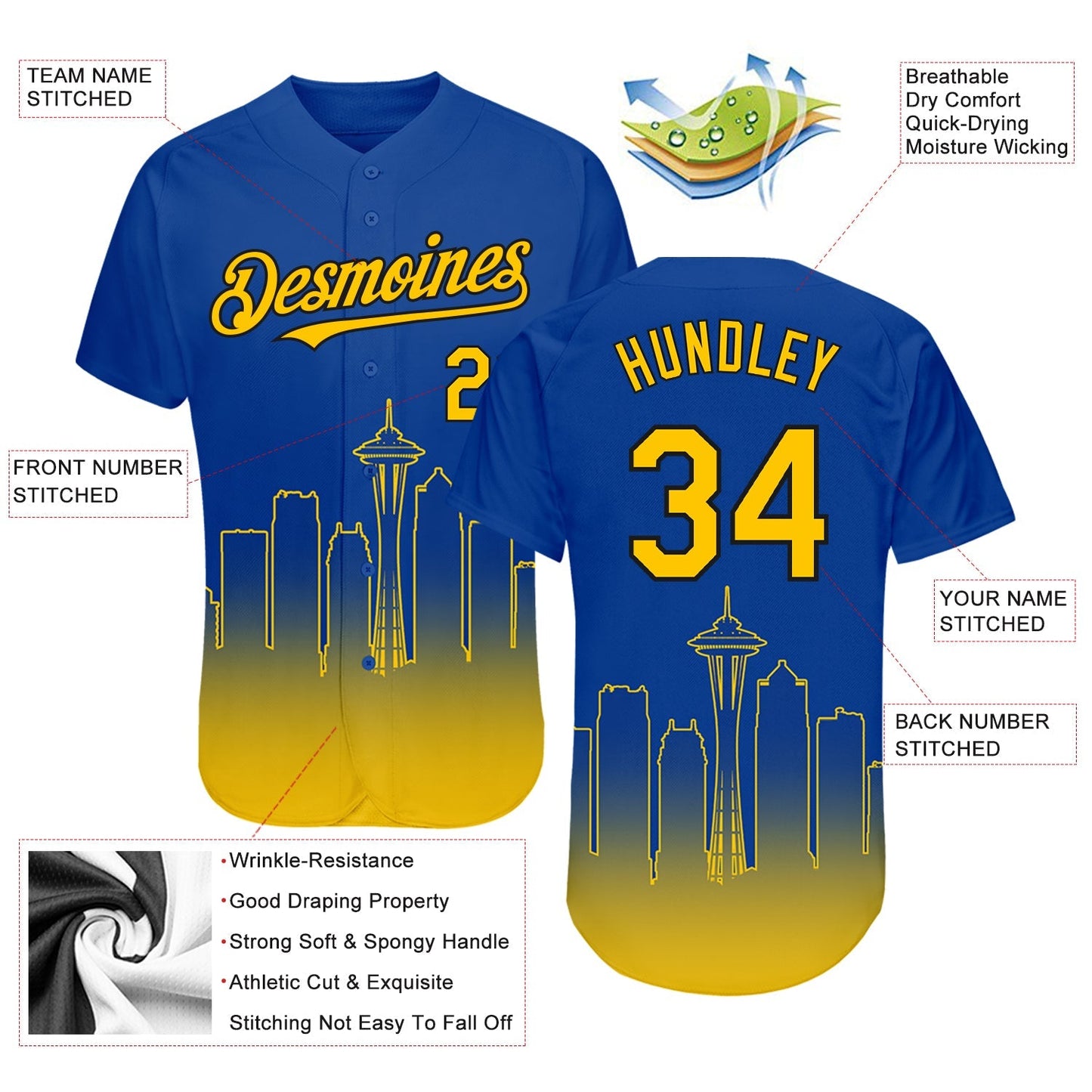 Custom Royal Yellow-Black 3D Seattle City Edition Fade Fashion Authentic Baseball Jersey baseball jersey product view 3