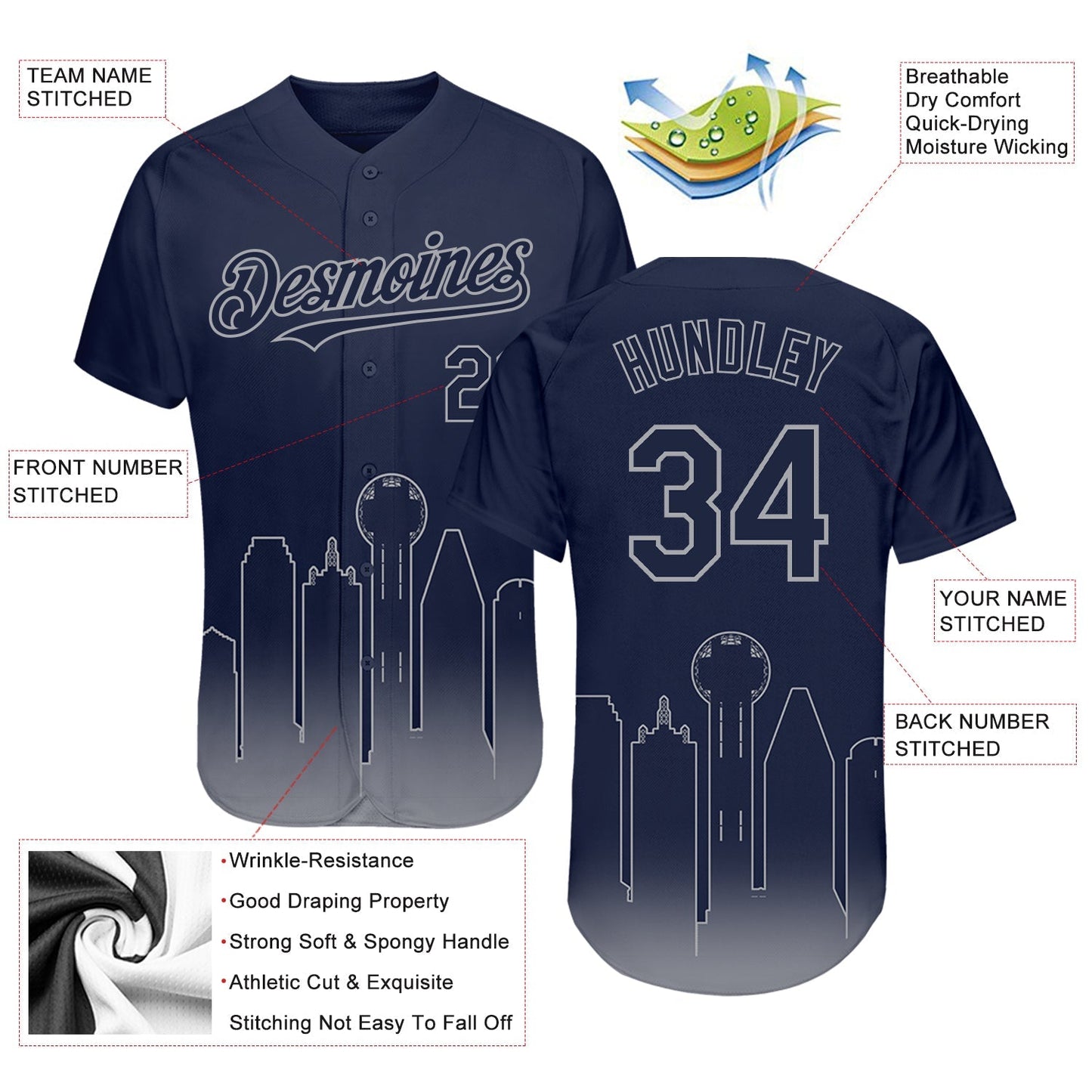 Custom Navy Gray 3D Dallas City Edition Fade Fashion Authentic Baseball Jersey baseball jersey product view 3