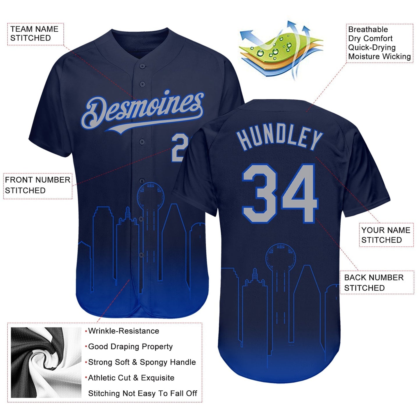 Custom Navy Gray-Thunder Blue 3D Dallas City Edition Fade Fashion Authentic Baseball Jersey baseball jersey product view 3