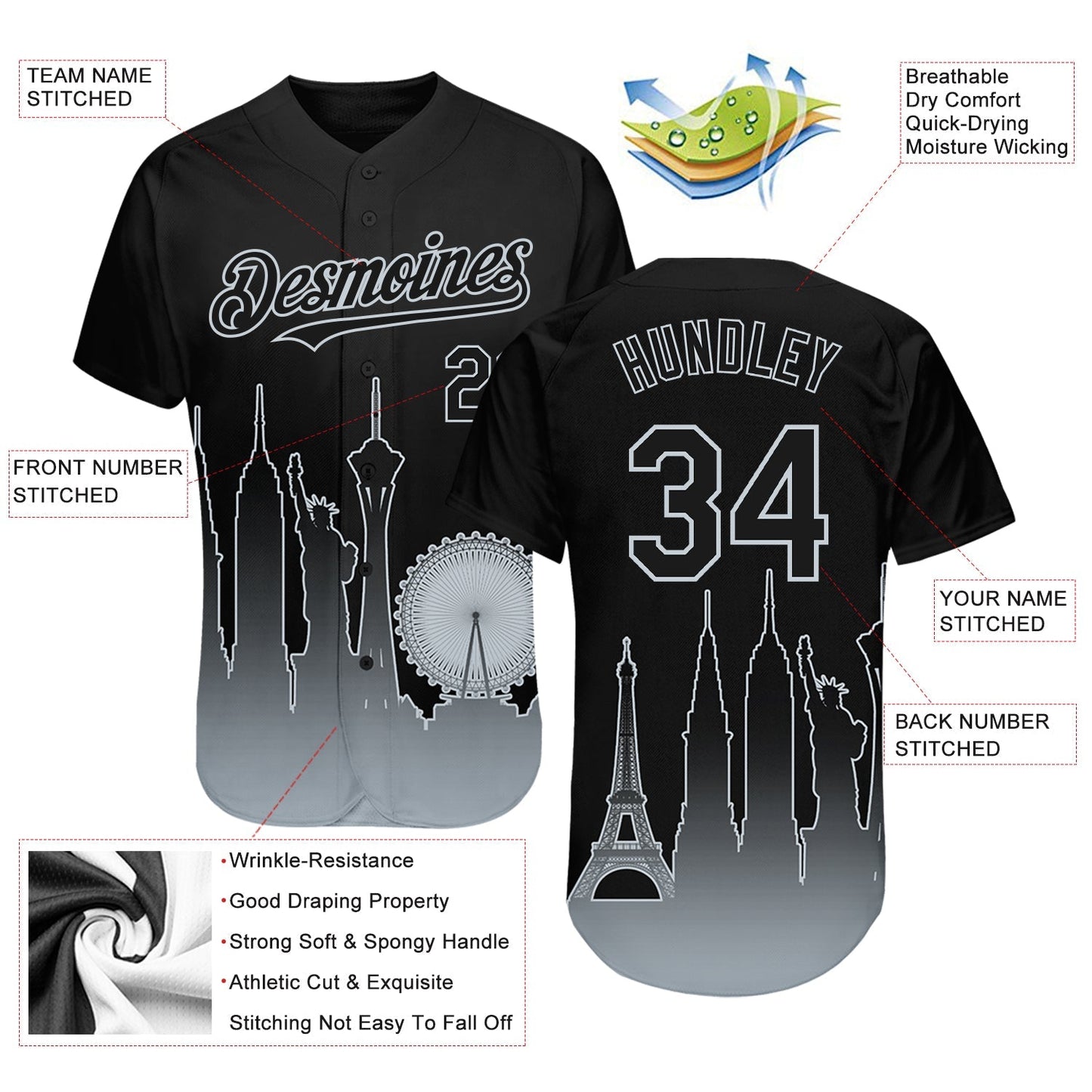 Custom Black Silver 3D Las Vegas City Edition Fade Fashion Authentic Baseball Jersey baseball jersey product view 3